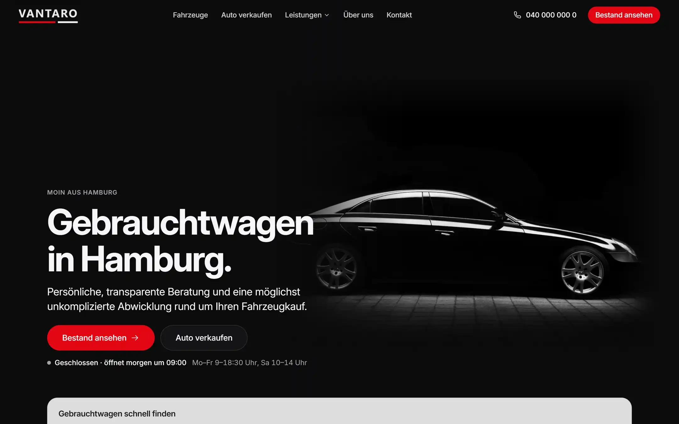 Designentwurf für einen Gebrauchtwagenhändler: Startseite mit Fahrzeug auf dunkler Bühne