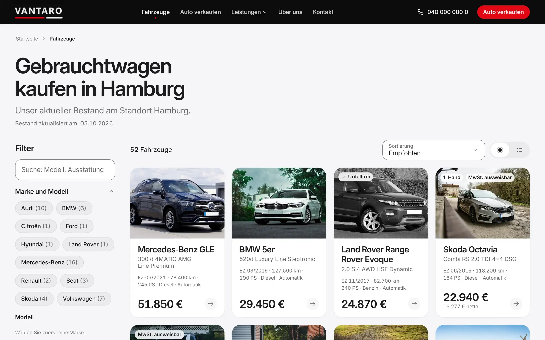 Fahrzeugbestand von Vantaro Automobile: Filterleiste mit Marken-Chips, Sortierung und vierspaltiges Raster aus Fahrzeugkarten mit Preisen.