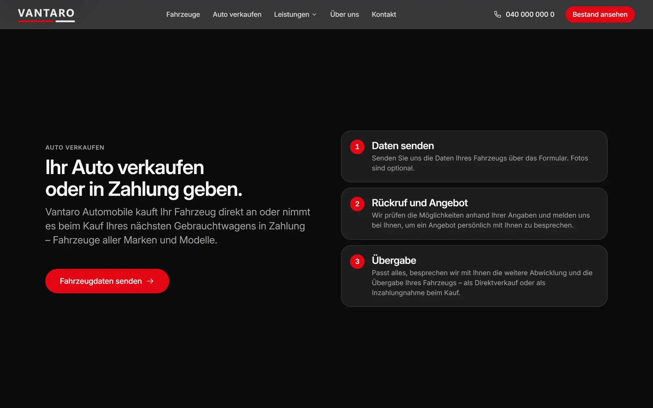 Dunkle Sektion „Ihr Auto verkaufen oder in Zahlung geben.“ auf der Startseite von Vantaro Automobile mit rotem Button und drei nummerierten Schrittkarten.