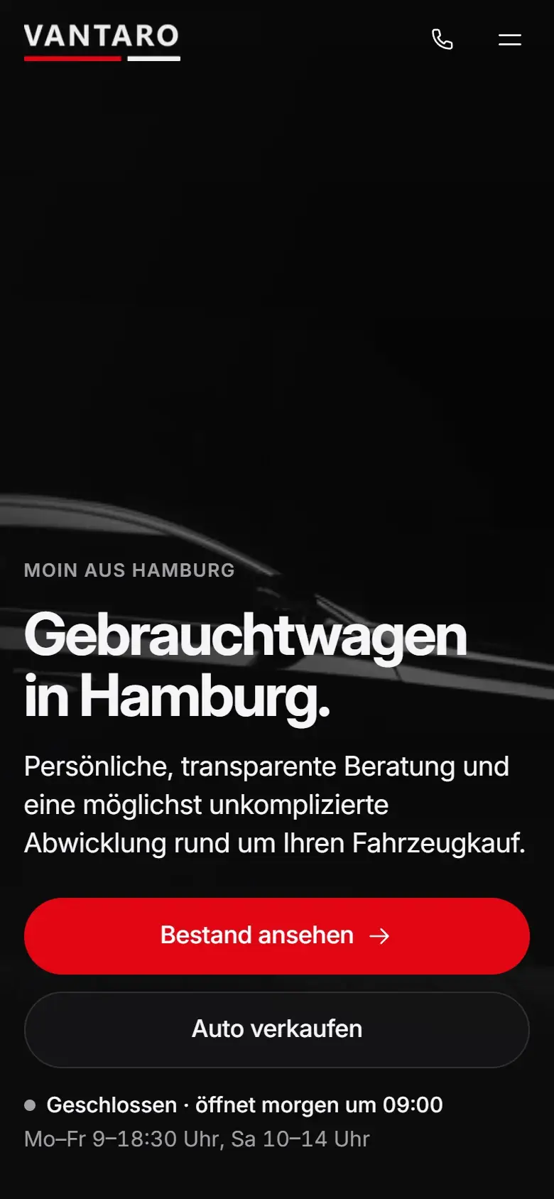 Mobile Startseite von Vantaro Automobile: Hero mit Fahrzeugfoto unter dunklem Verlauf, Headline „Gebrauchtwagen in Hamburg.“ und zwei gestapelten Buttons.