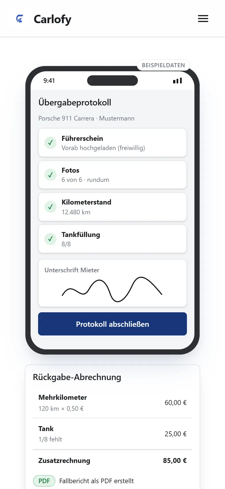 Carlofy-Übergabeprotokoll auf dem Smartphone (Beispieldaten): Führerschein, Fotos, Kilometerstand und Unterschrift