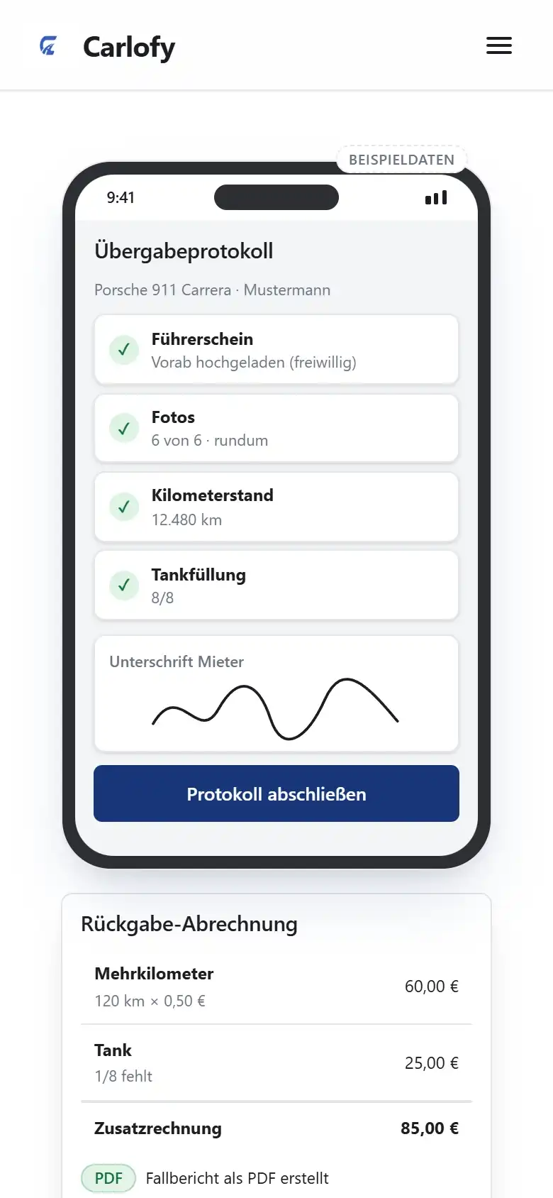 Digitales Übergabeprotokoll von Carlofy auf dem Smartphone (Beispieldaten)