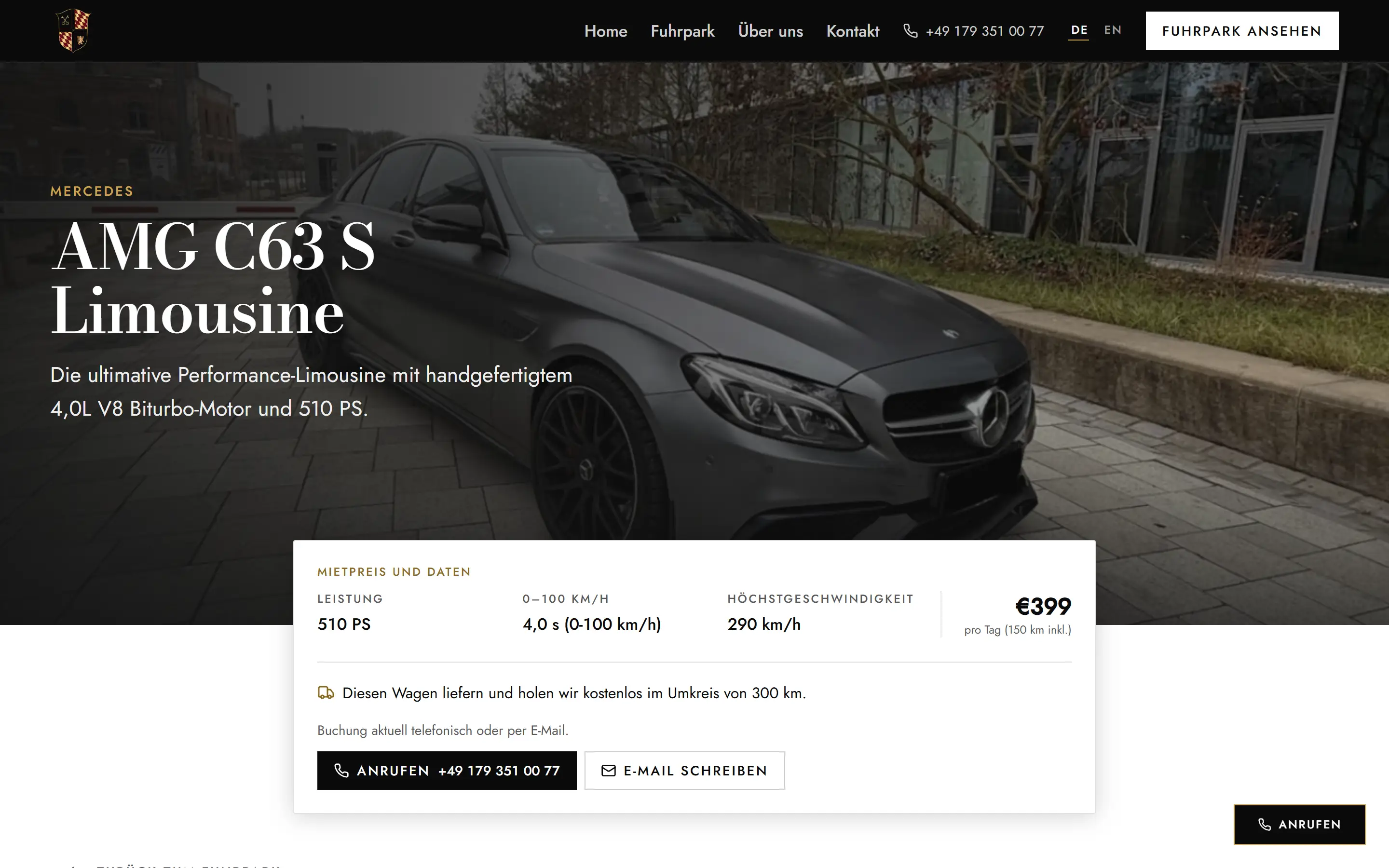Fahrzeugseite auf goldenkey-sportcars.de in der Desktop-Ansicht: grauer Mercedes-AMG C63 S, Überschrift „AMG C63 S Limousine“ und die Box mit Mietpreis und Daten