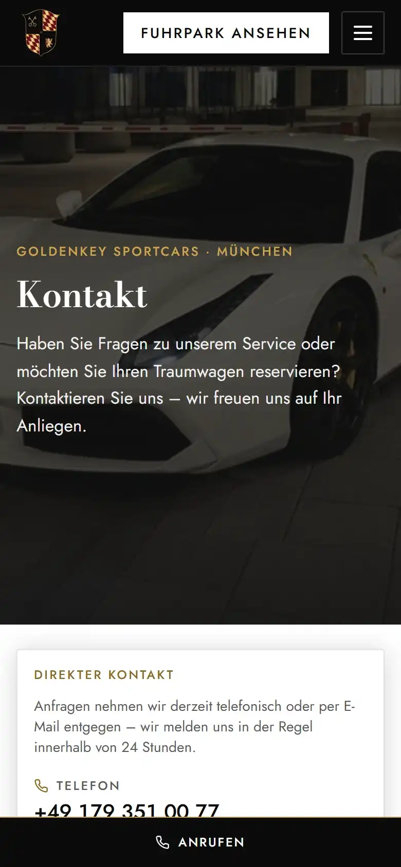 Kontaktseite von Goldenkey Sportcars auf dem Smartphone