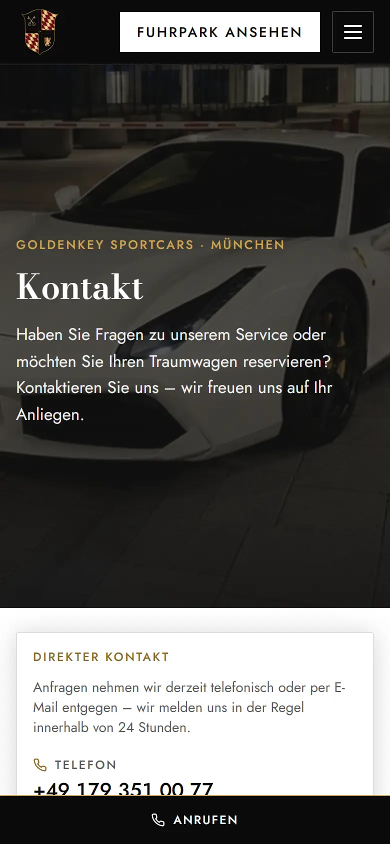 Kontaktseite von goldenkey-sportcars.de auf dem Smartphone mit Wappen, Überschrift „Kontakt“ und Anruf-Leiste