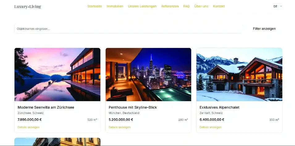 Immobilien-Website mit Objektsuche und drei Exposé-Karten