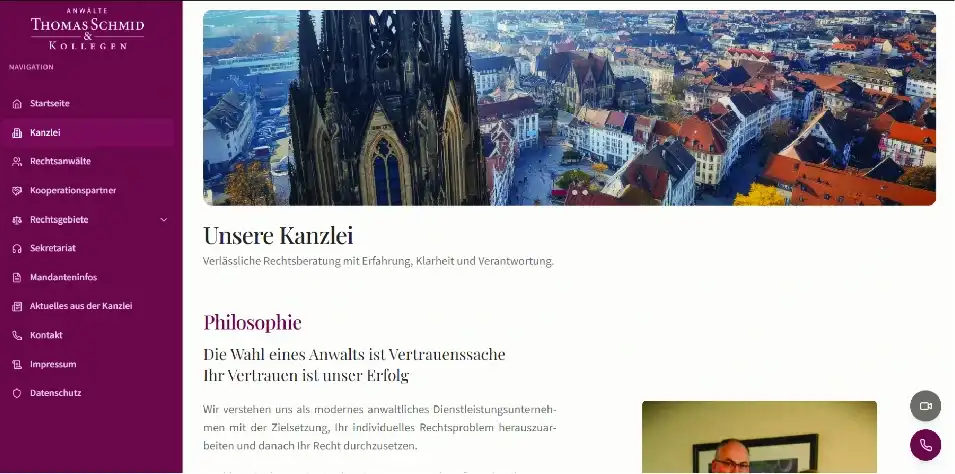 Website der Kanzlei Thomas Schmid & Kollegen mit Seitennavigation