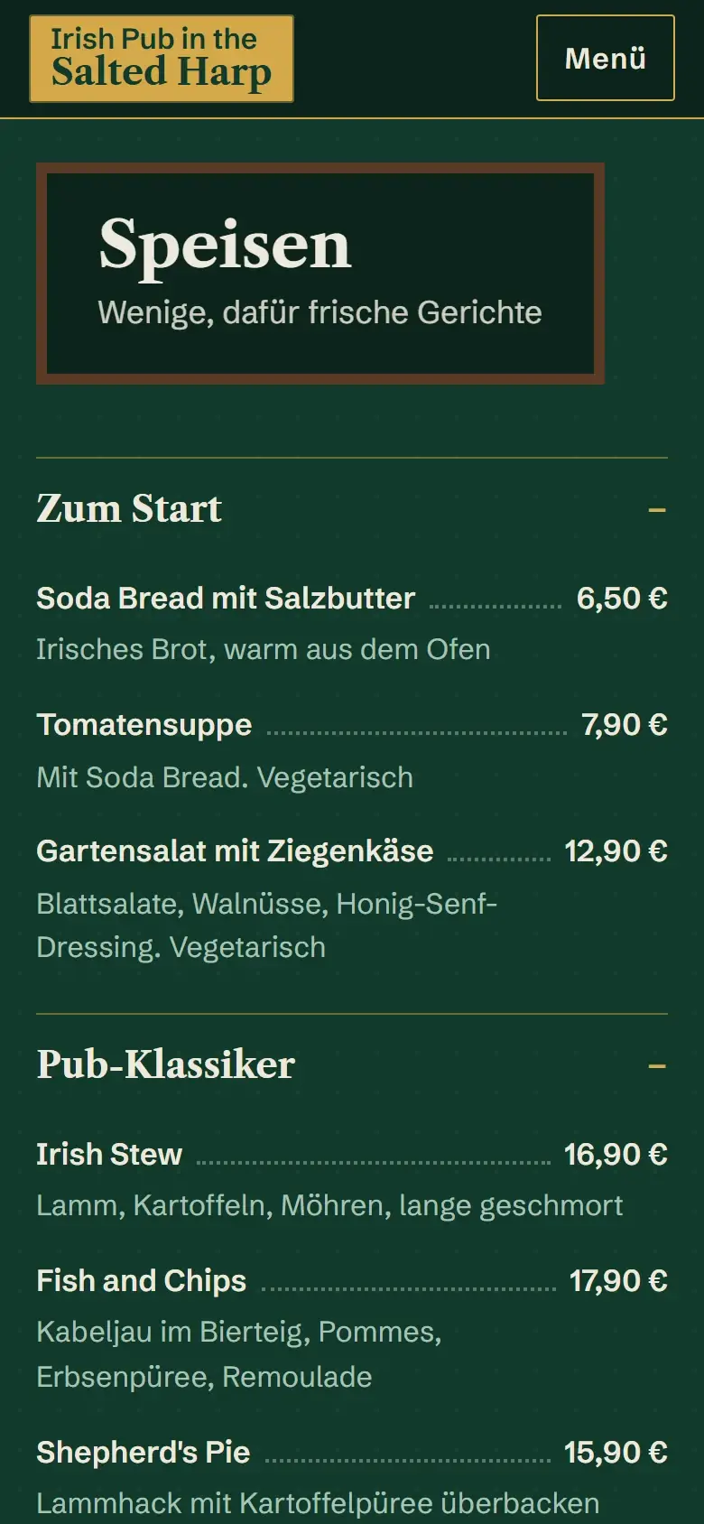 Mobile Speisekarte des Irish Pub The Salted Harp mit Kreidetafel-Überschrift und zwei geöffneten Menügruppen mit Preisen.