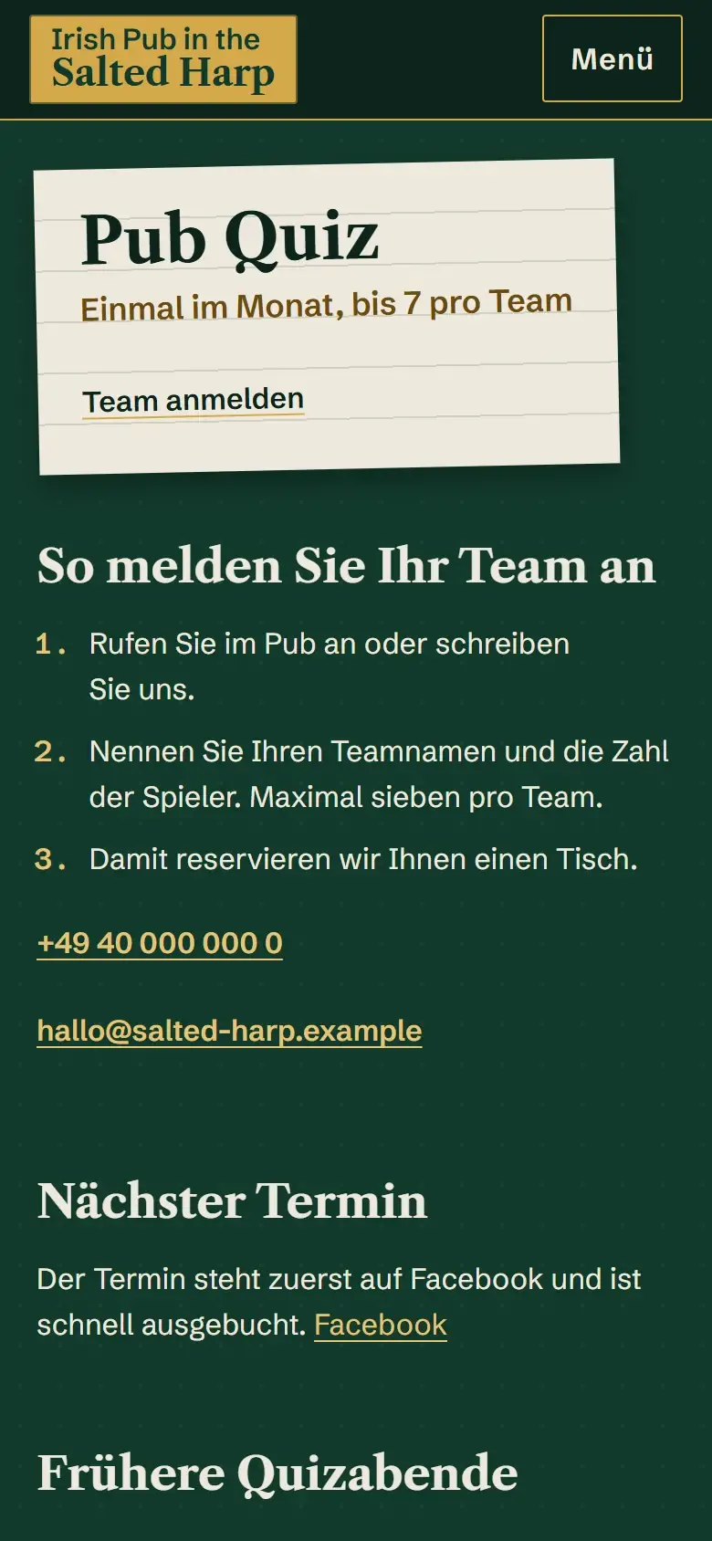 Mobile Pub-Quiz-Seite des Irish Pub The Salted Harp mit Notizzettel-Überschrift, nummerierten Anmeldeschritten und Kontaktlinks.