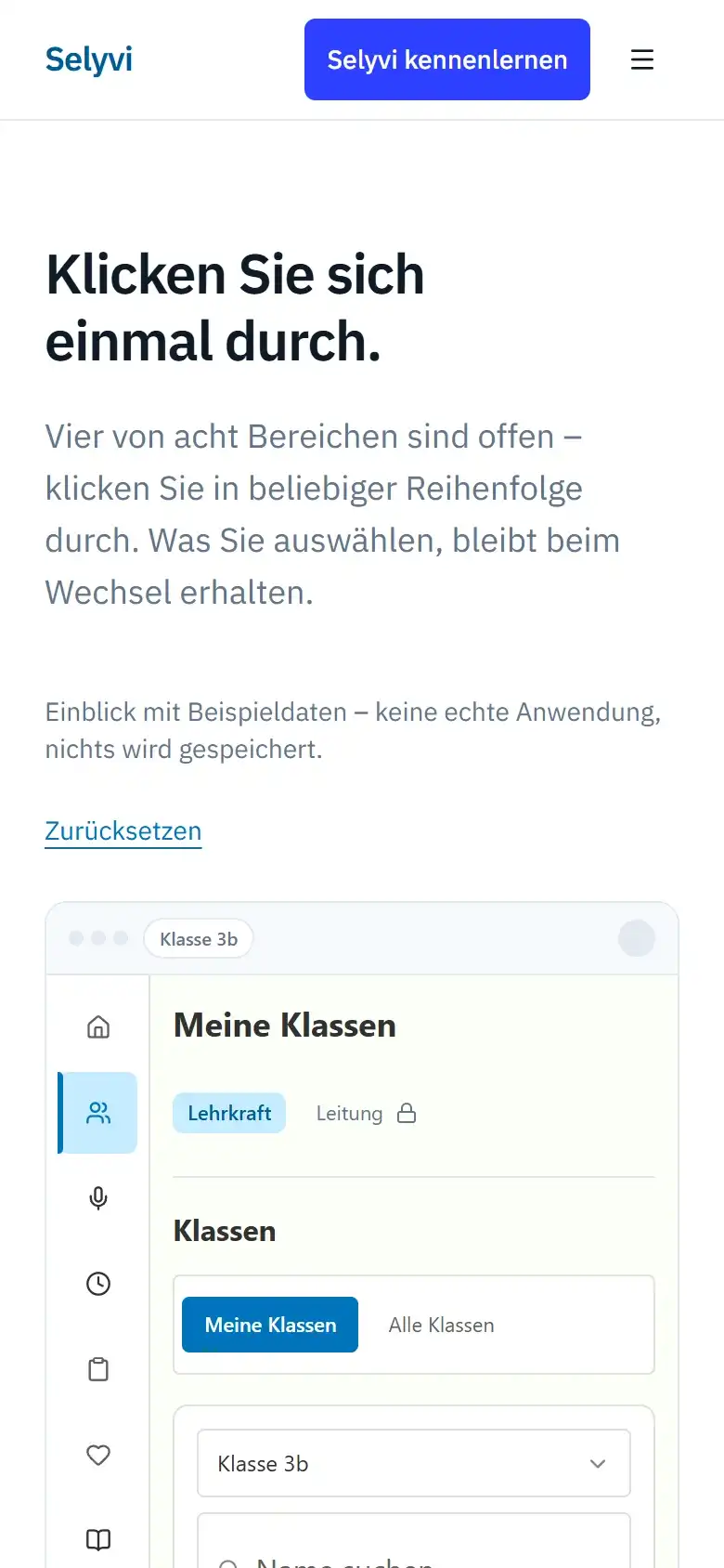 Seite „Einblick“ auf selyvi.de mit interaktiver Produktvorschau, auf dem Smartphone
