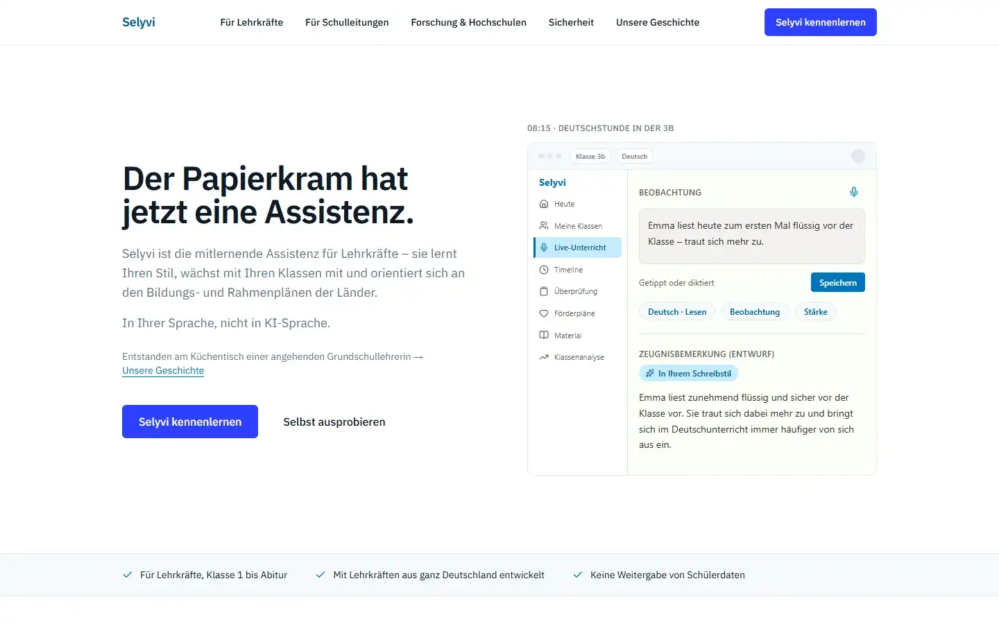 Startseite von selyvi.de mit der Überschrift „Der Papierkram hat jetzt eine Assistenz.“