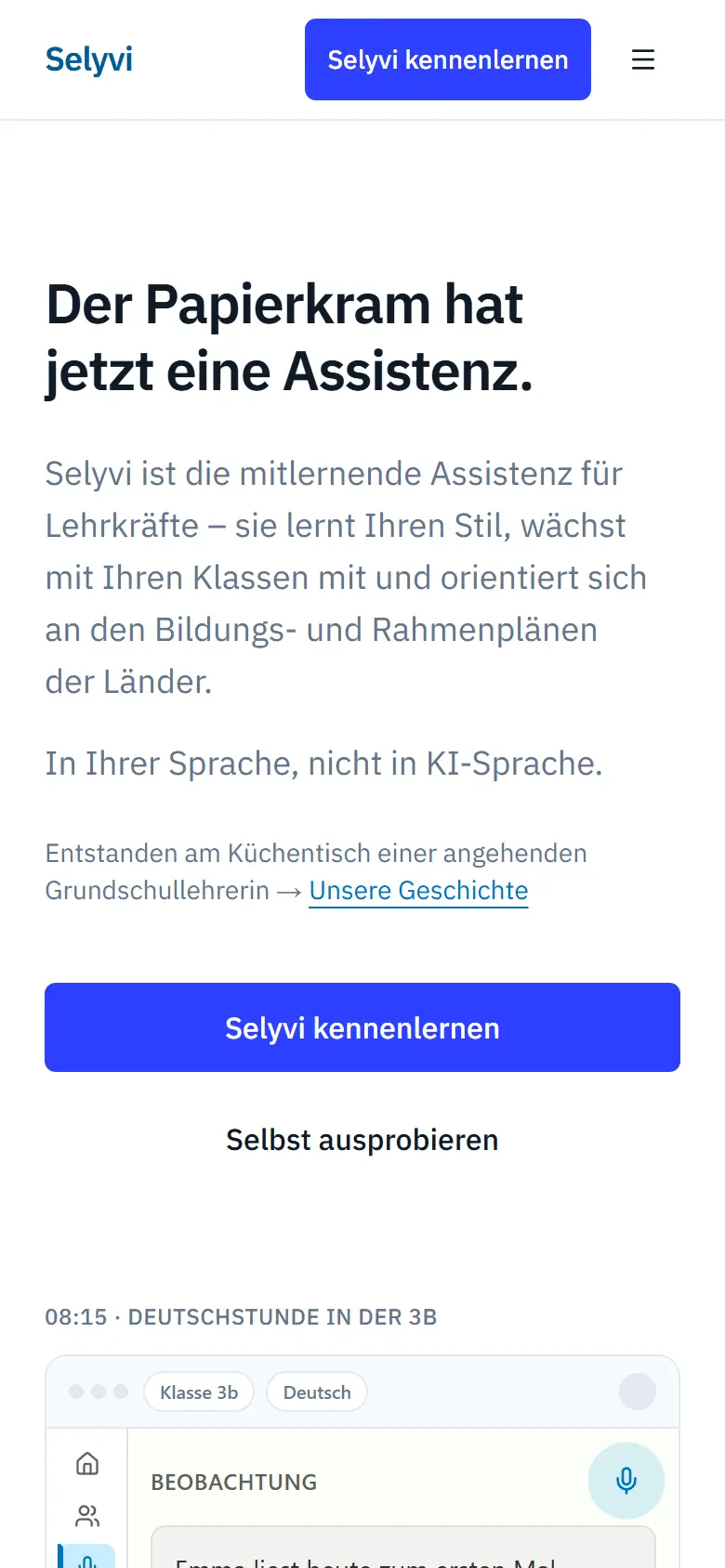 Startseite von selyvi.de auf dem Smartphone mit Überschrift und Schaltfläche „Selyvi kennenlernen“